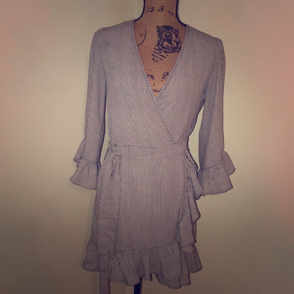American Threads Striped wrapped mini dress.
